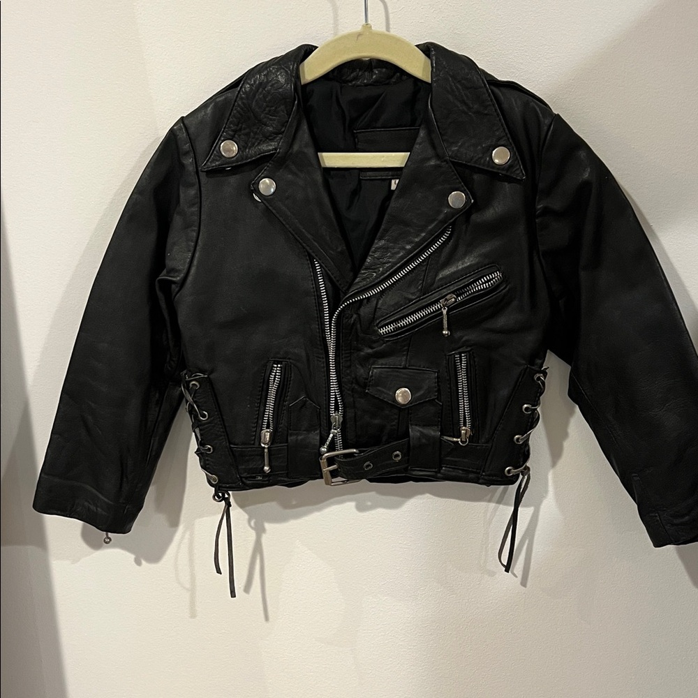 Harley-Davidson vintage Kids Black leather Jacket with Eagle Patch size 4 - Picture 2 of 2